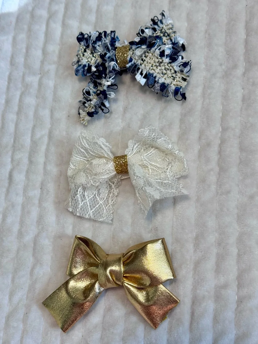 Kids Bow Hair Clips - Navy Tweed, Ivory, and Gold Set